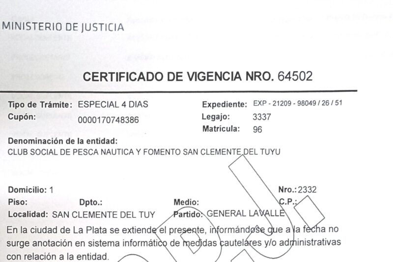 El Club recibió el certificado de vigencia de Personería Jurídica